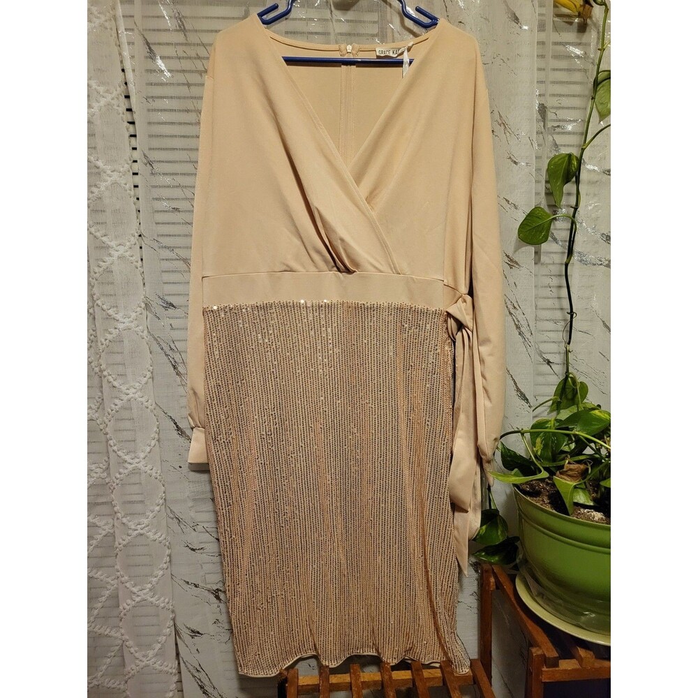 NWT 2XL Womens Beige Tan Sequin V-neck Party Cocktail Holiday Dress Wedding MIL
